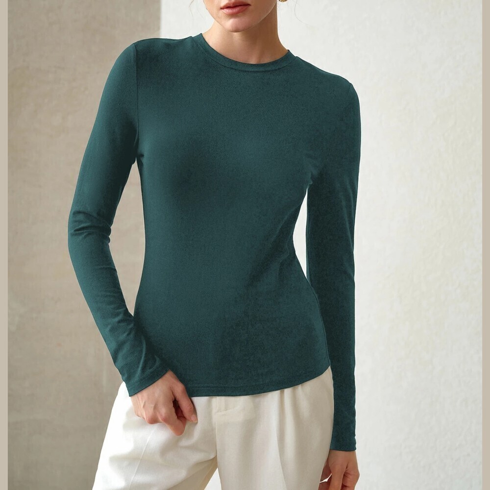 Teal Blue-Green Stretch-Cotton Scoop Neck Long Sleeve Slim Fit Tee